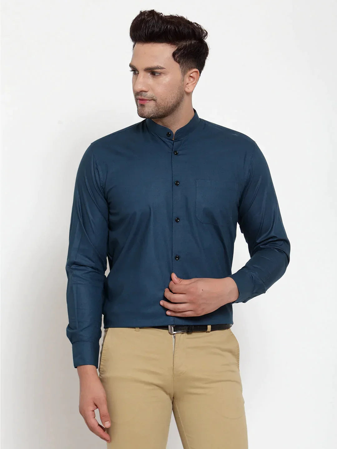 Men's Navy Cotton Solid Mandarin Collar Formal Shirts - Taantav