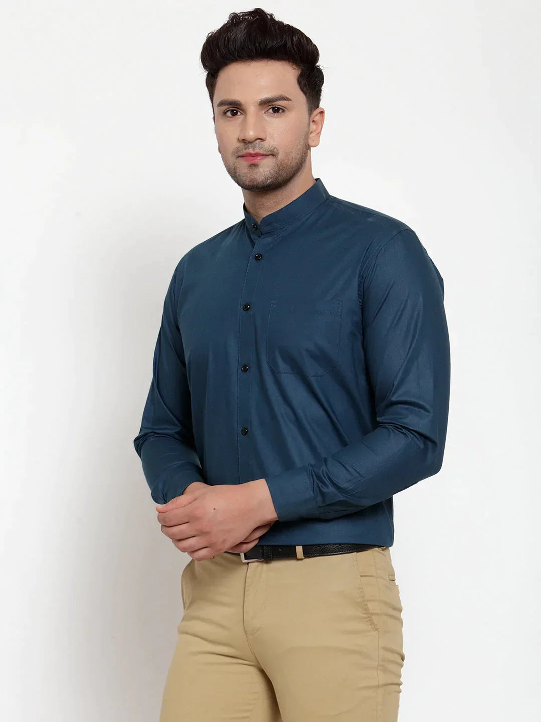 Men's Navy Cotton Solid Mandarin Collar Formal Shirts - Taantav