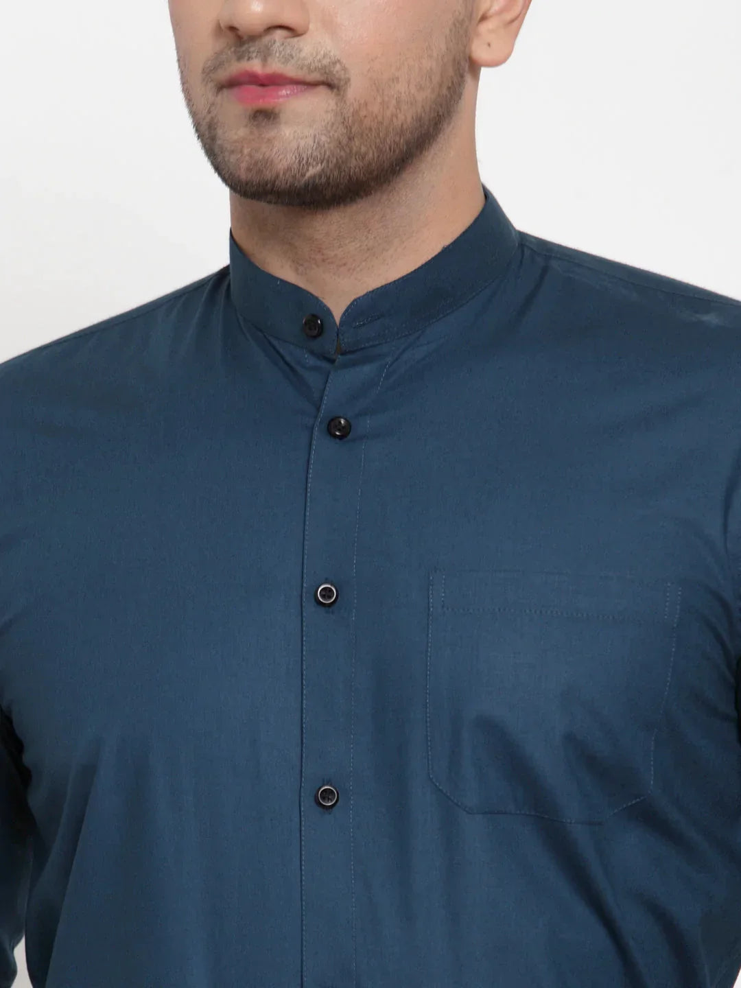 Men's Navy Cotton Solid Mandarin Collar Formal Shirts - Taantav