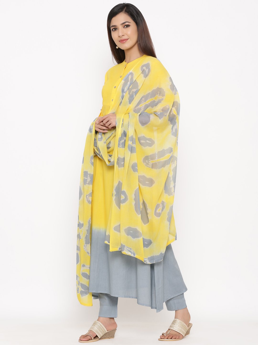 Women's Yellow & Grey Printed Cotton Kurta With Trousers Set by Kipek- (3