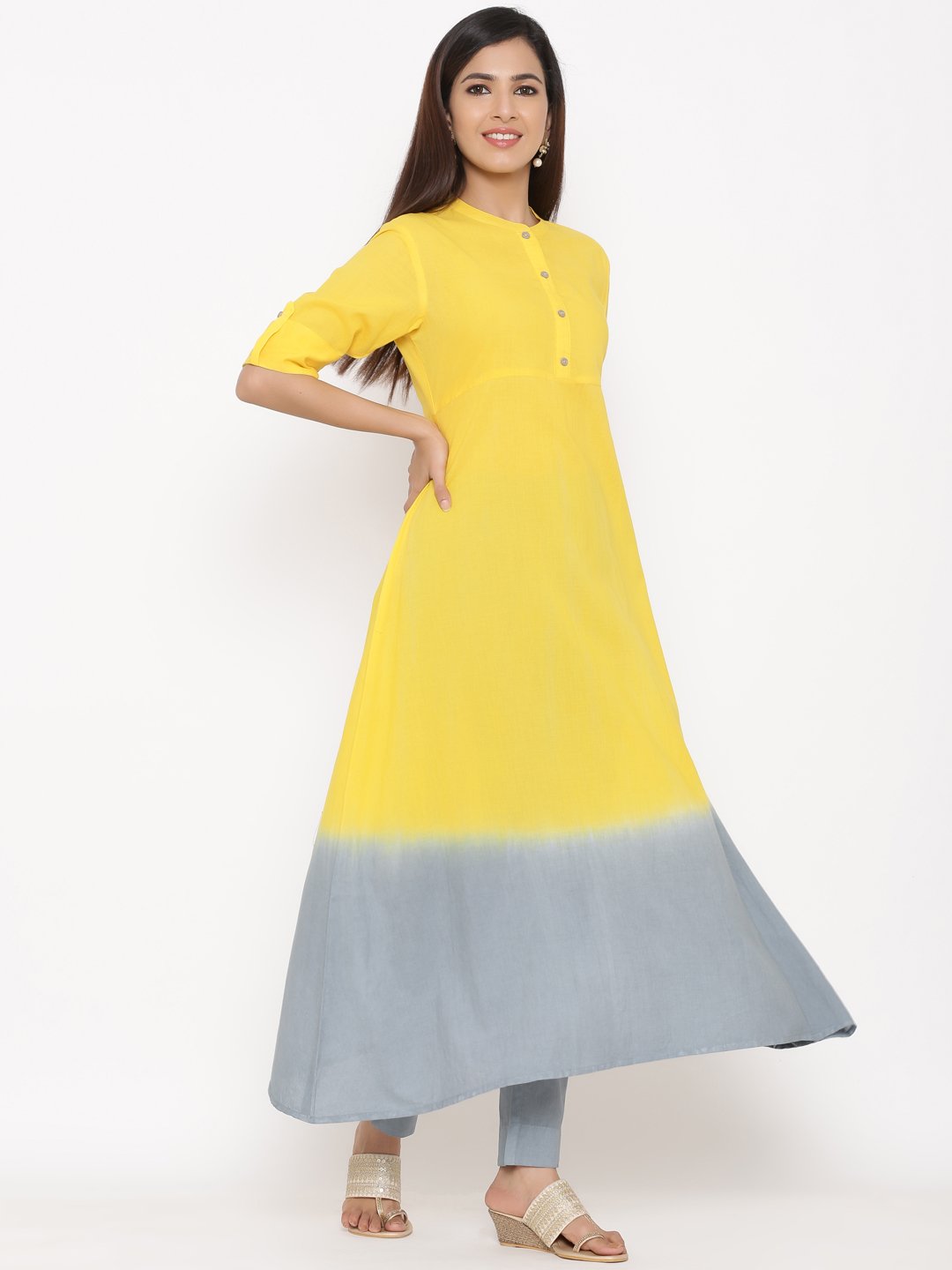 Women's Yellow & Grey Printed Cotton Kurta With Trousers Set by Kipek- (3