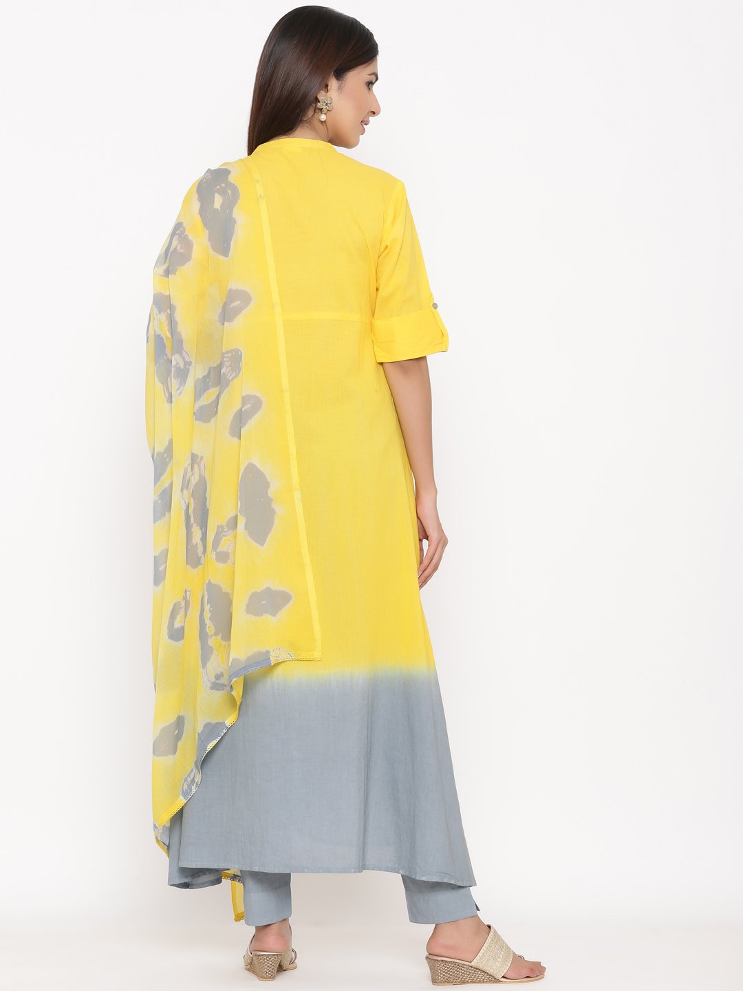 Women's Yellow & Grey Printed Cotton Kurta With Trousers Set by Kipek- (3