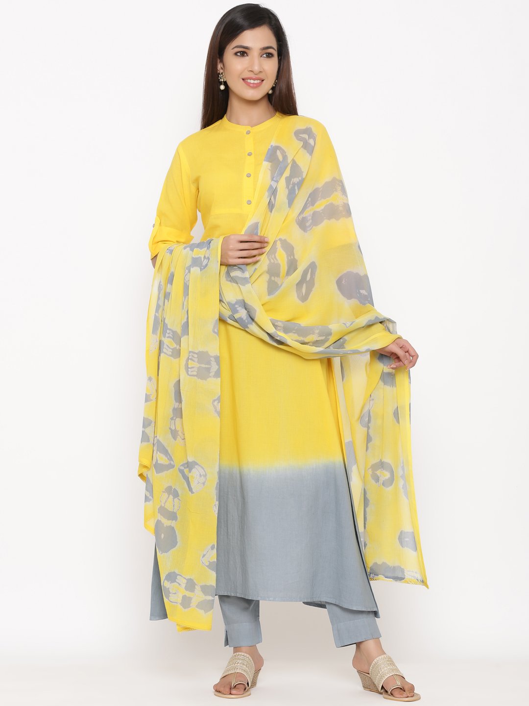 Women's Yellow & Grey Printed Cotton Kurta With Trousers Set by Kipek- (3