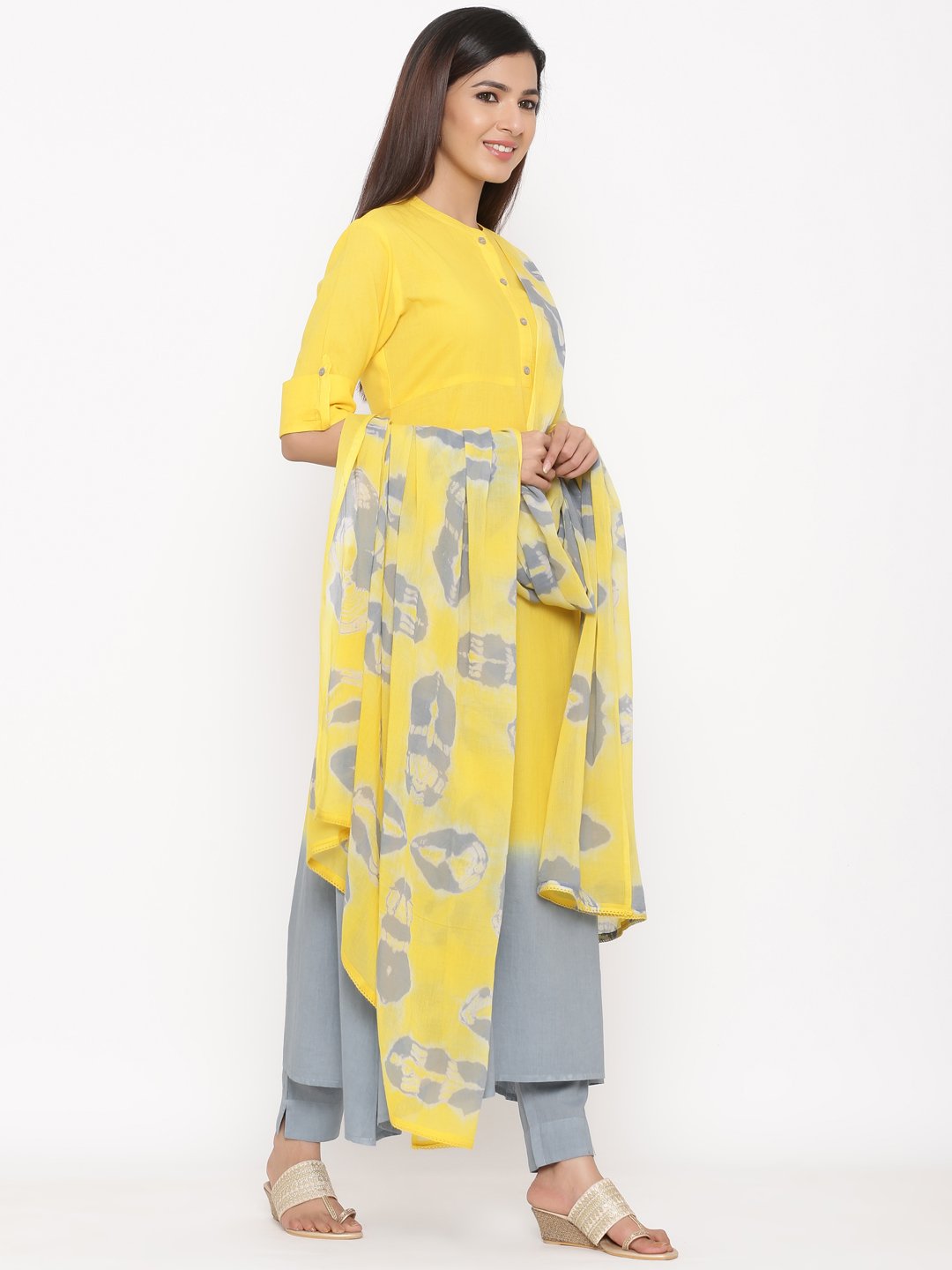 Women's Yellow & Grey Printed Cotton Kurta With Trousers Set by Kipek- (3