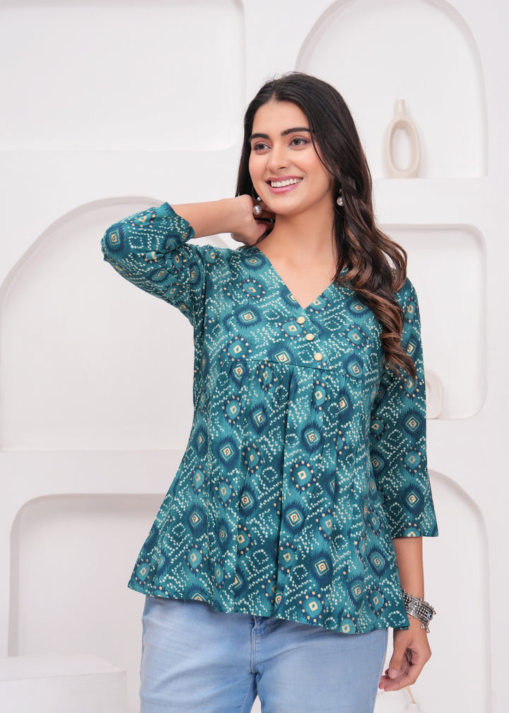 Women's Rama Blue Rayon Floral Tops