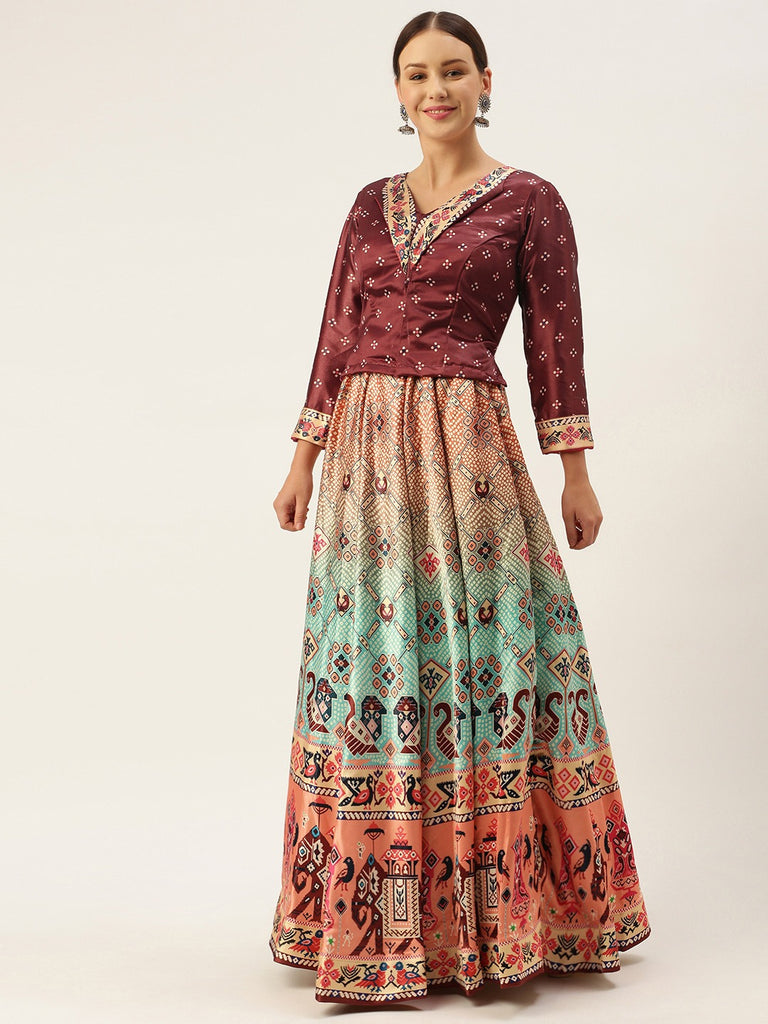 Women's Bandhni Patola Type Digital Print Shiney Satin Croptop Lehenga Choli With Unstitched Blouse