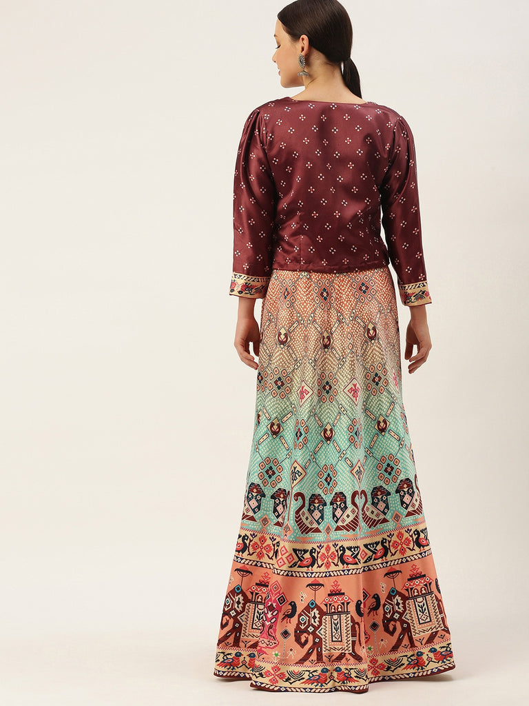 Women's Bandhni Patola Type Digital Print Shiney Satin Croptop Lehenga Choli With Unstitched Blouse