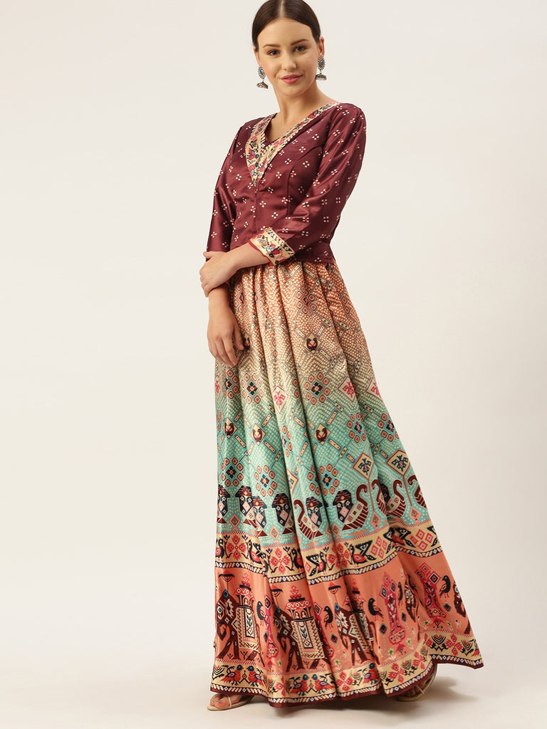 Women's Bandhni Patola Type Digital Print Shiney Satin Croptop Lehenga Choli With Unstitched Blouse
