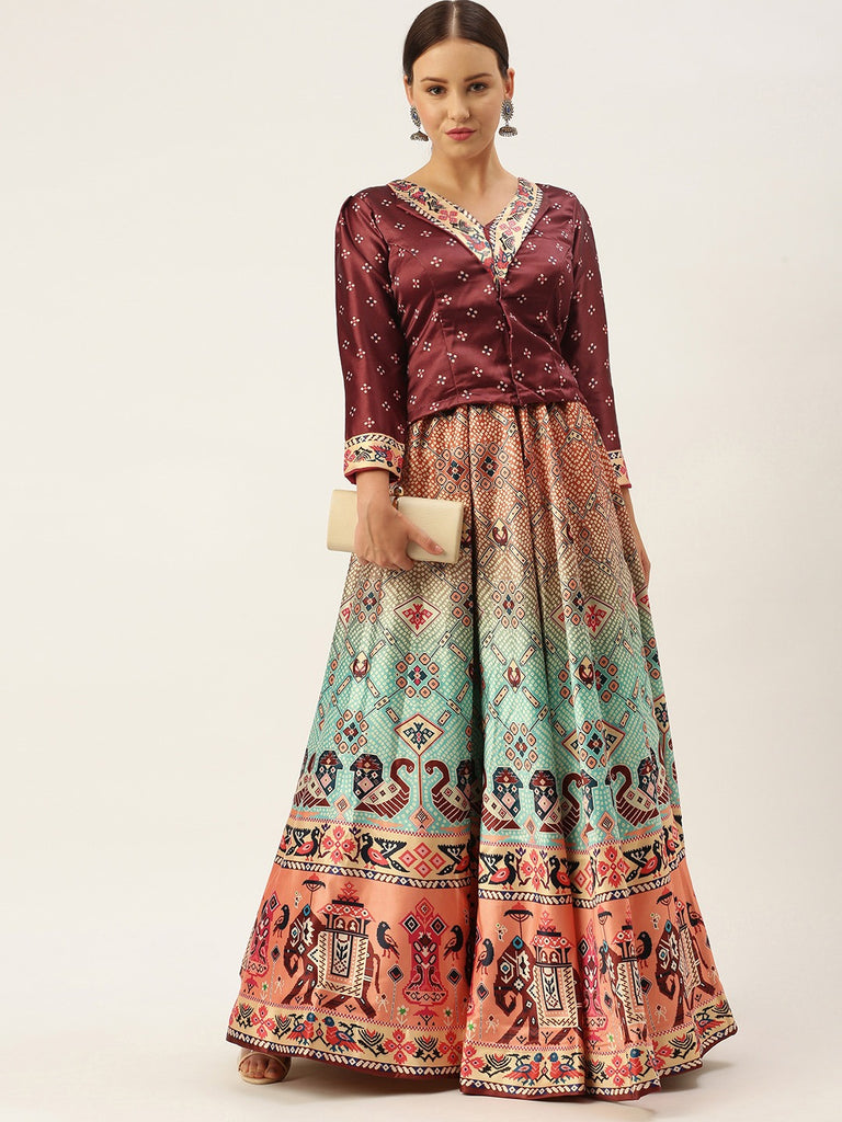Women's Bandhni Patola Type Digital Print Shiney Satin Croptop Lehenga Choli With Unstitched Blouse