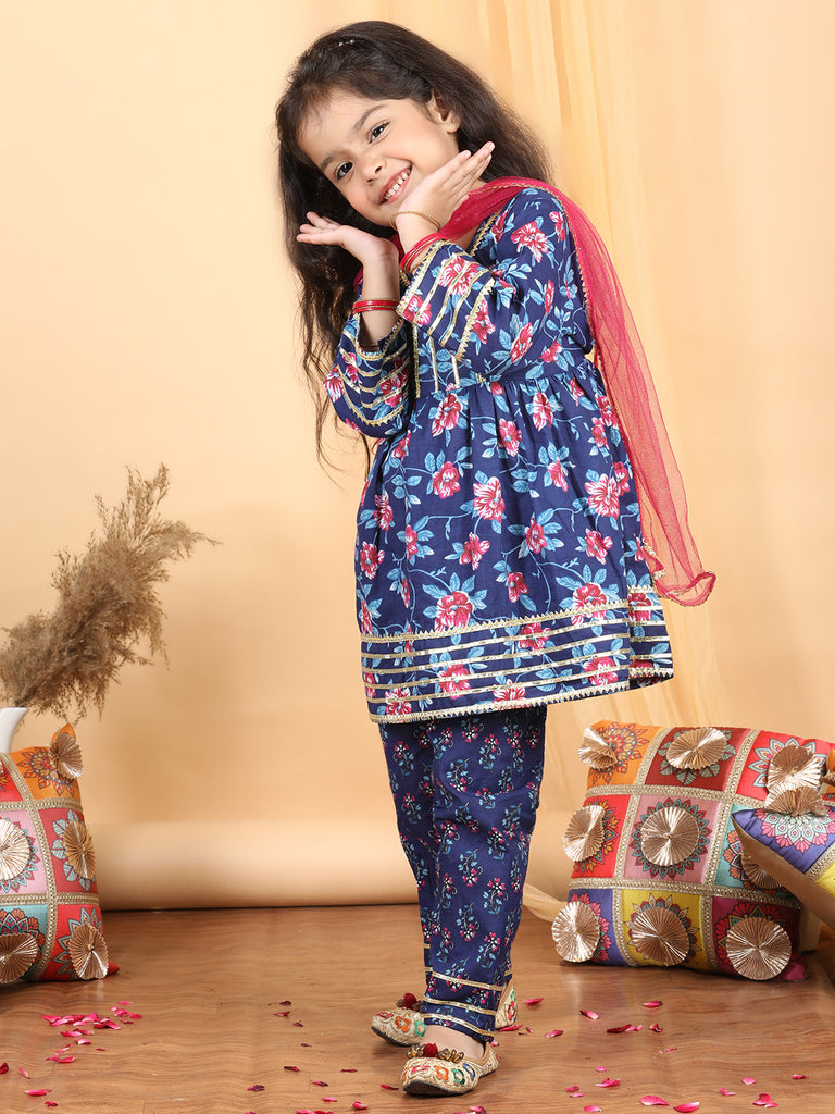 Girl's Blue Cotton Floral Kurta Set