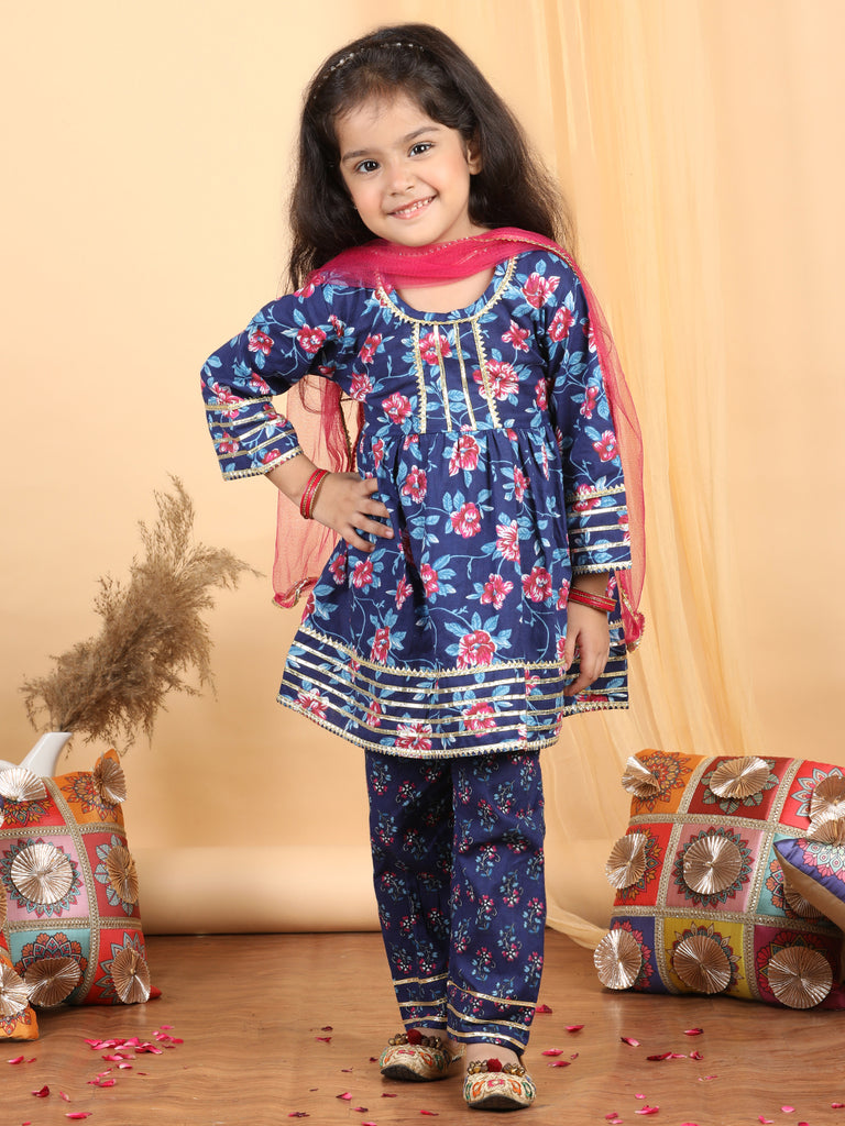 Girl's Blue Cotton Floral Kurta Set