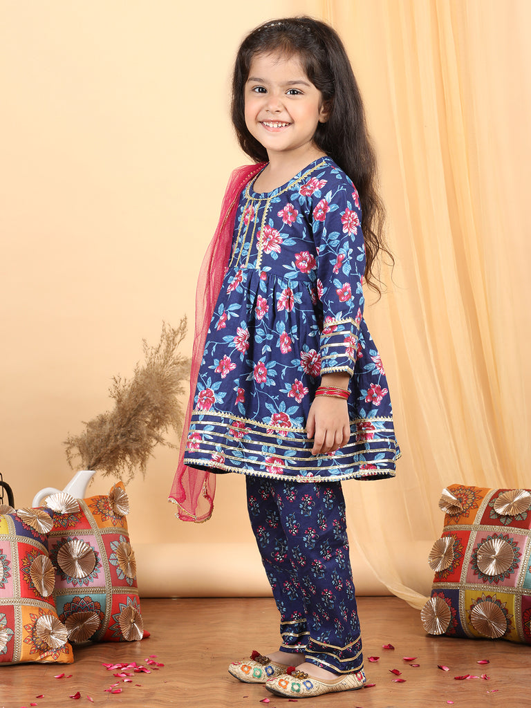 Girl's Blue Cotton Floral Kurta Set