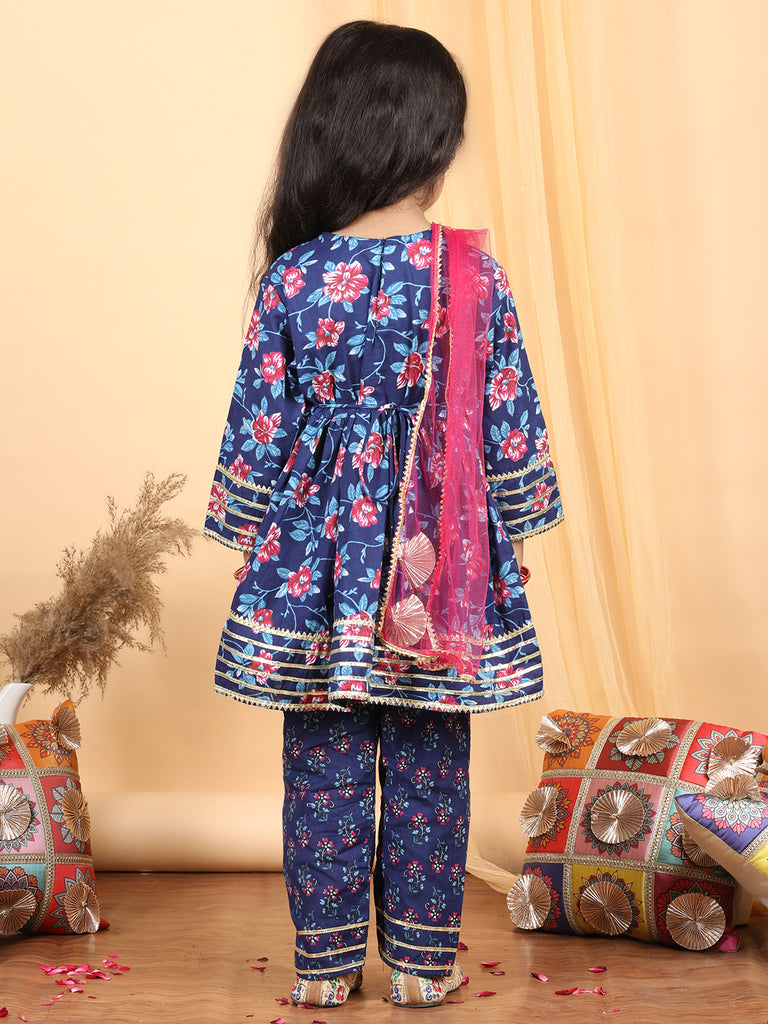 Girl's Blue Cotton Floral Kurta Set