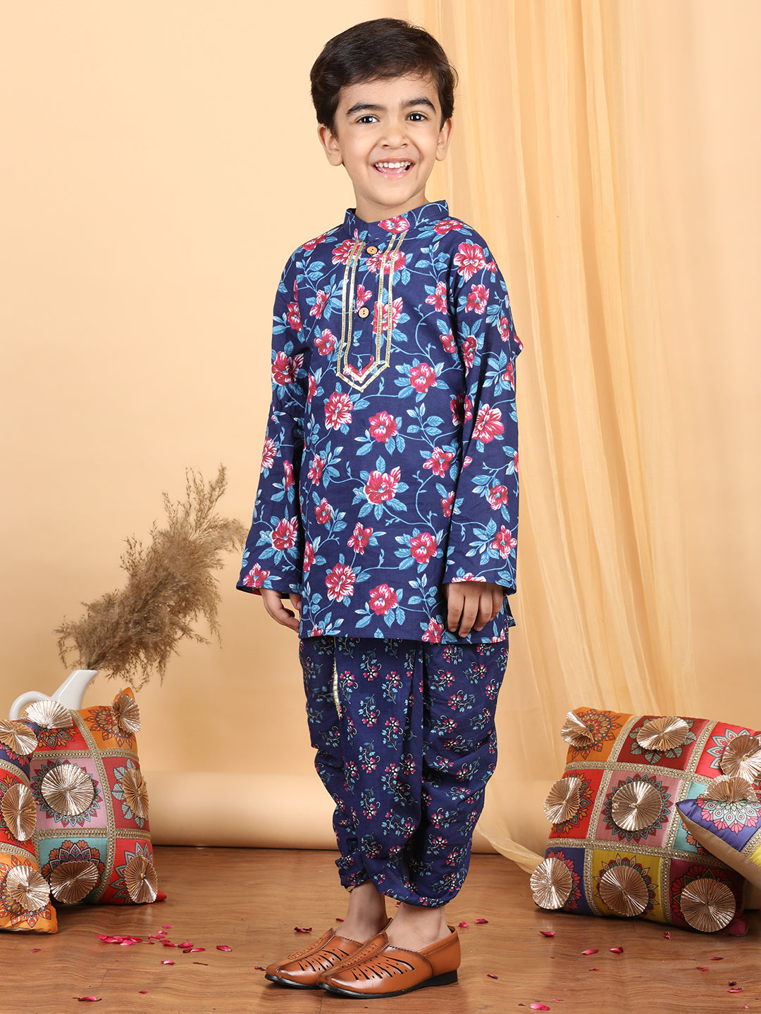 Boy's Blue Cotton Floral Dhoti Set - Kidcetra