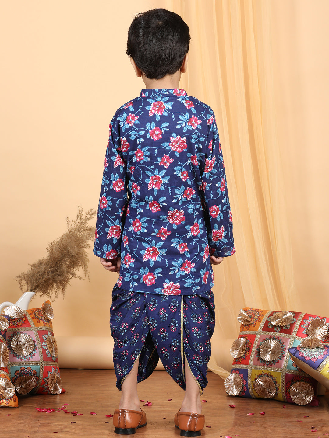 Boy's Blue Cotton Floral Dhoti Set - Kidcetra