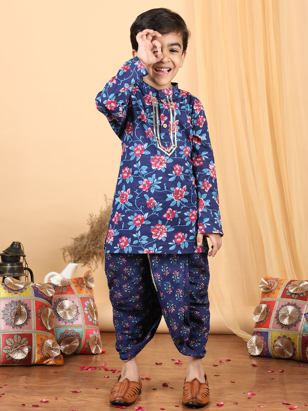 Boy's Blue Cotton Floral Dhoti Set - Kidcetra