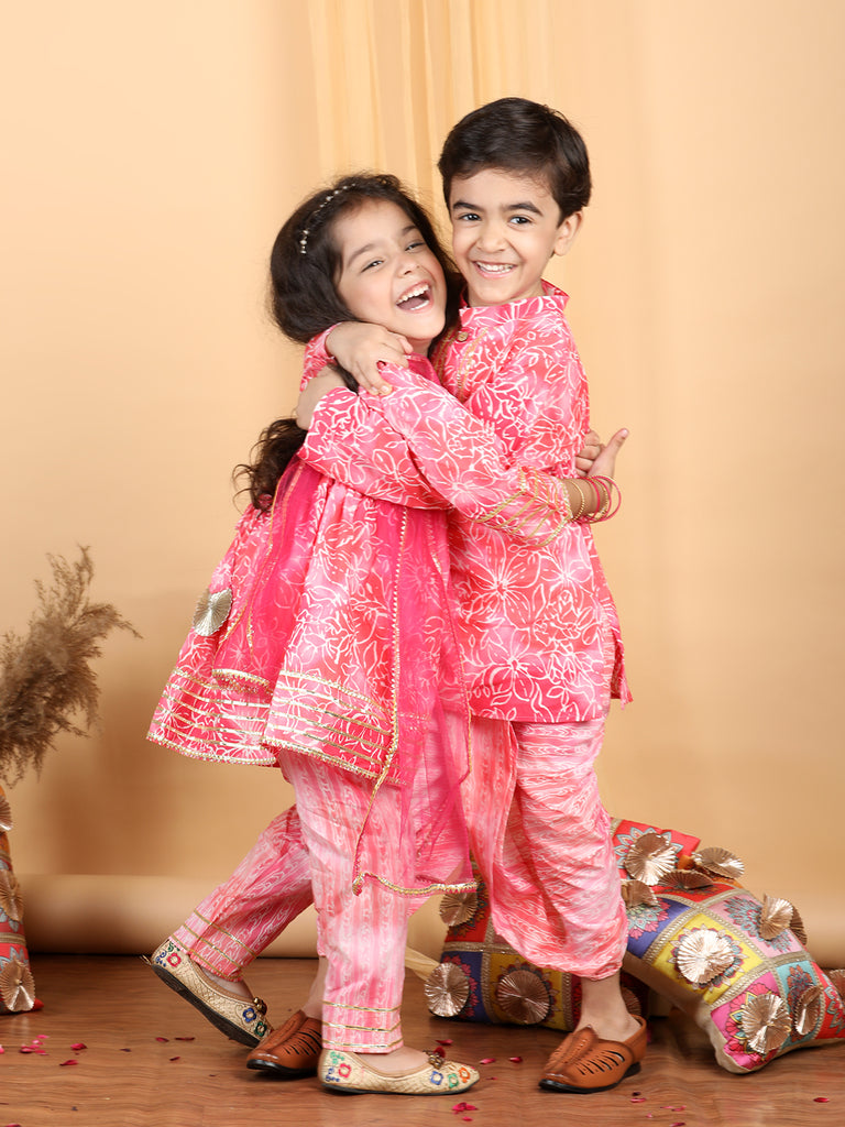 Girl's Pink Cotton Floral Kurta Set