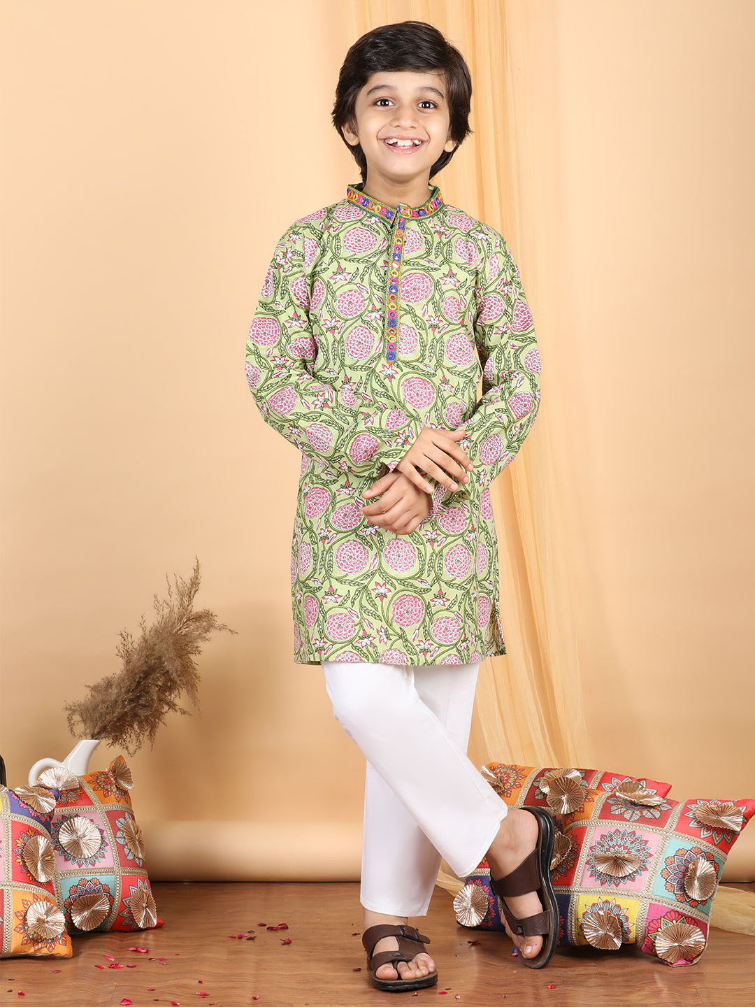 Boy's Green Cotton Floral Kurta Set - Kidcetra