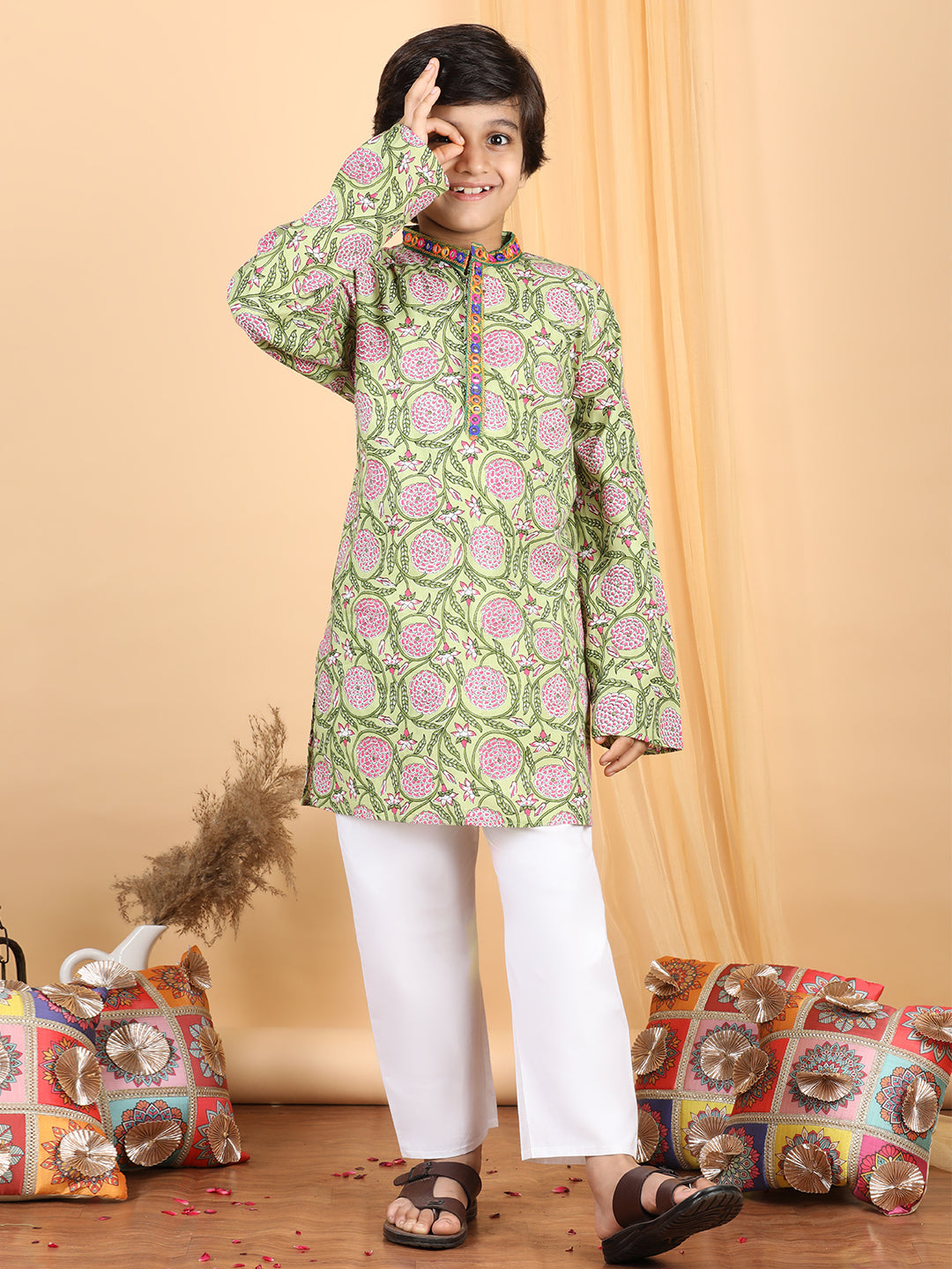 Boy's Green Cotton Floral Kurta Set - Kidcetra