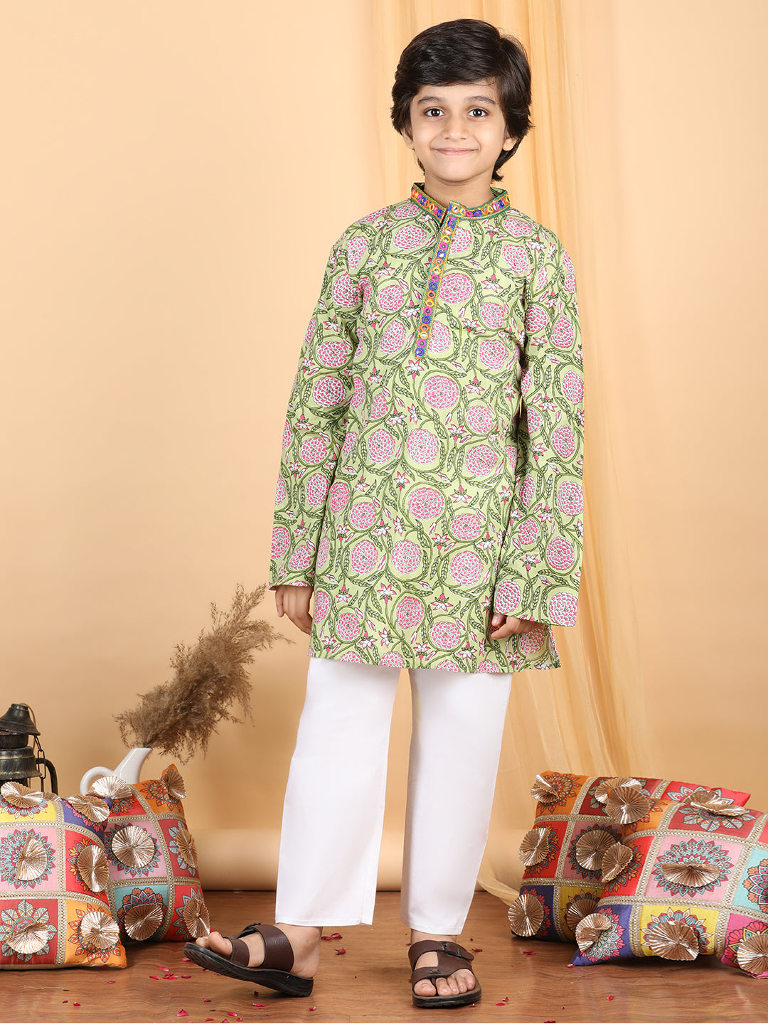 Boy's Green Cotton Floral Kurta Set - Kidcetra