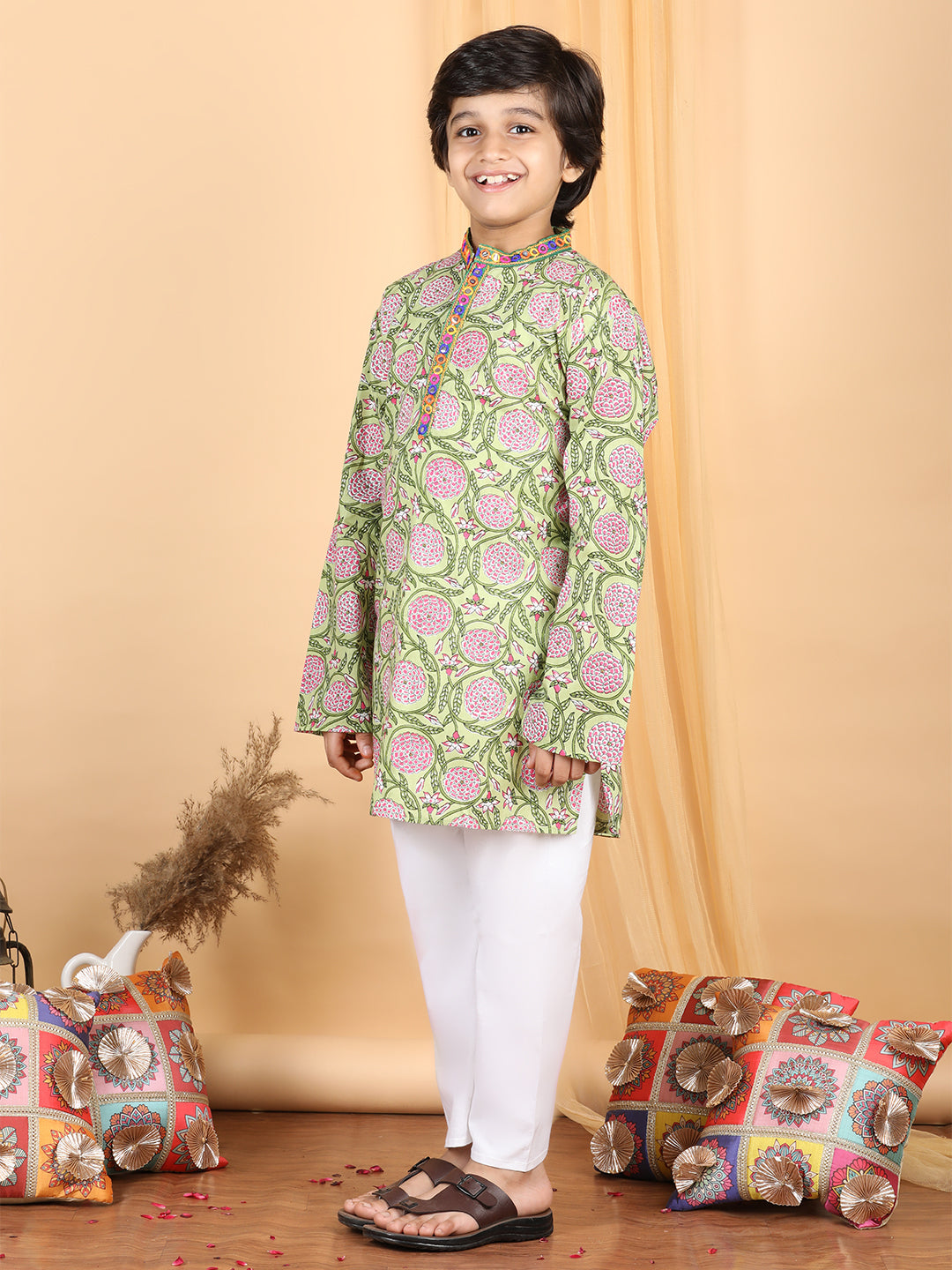 Boy's Green Cotton Floral Kurta Set - Kidcetra