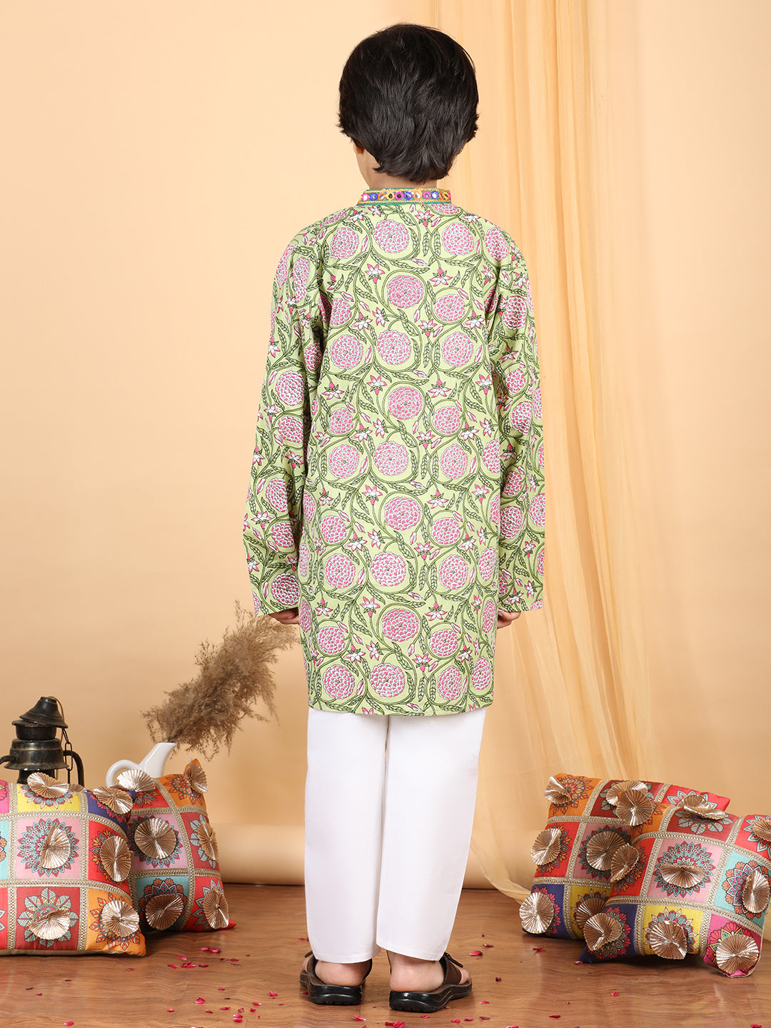 Boy's Green Cotton Floral Kurta Set - Kidcetra