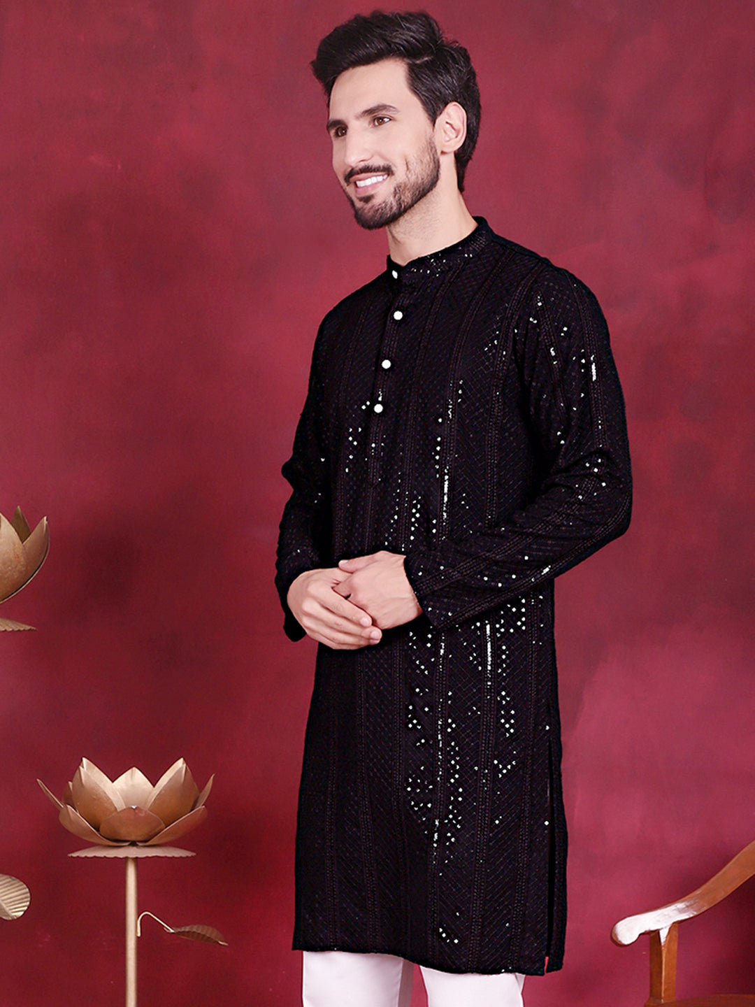 Men's Sequins Chikankari Embroidered Kurtas. - Taantav