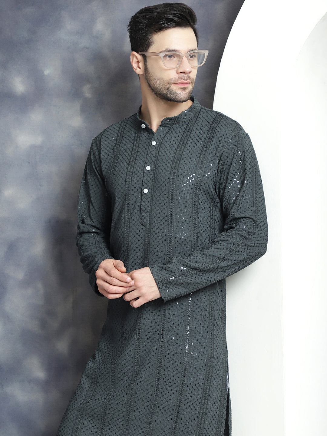 Men's Sequins Chikankari Embroidered Kurtas - Taantav