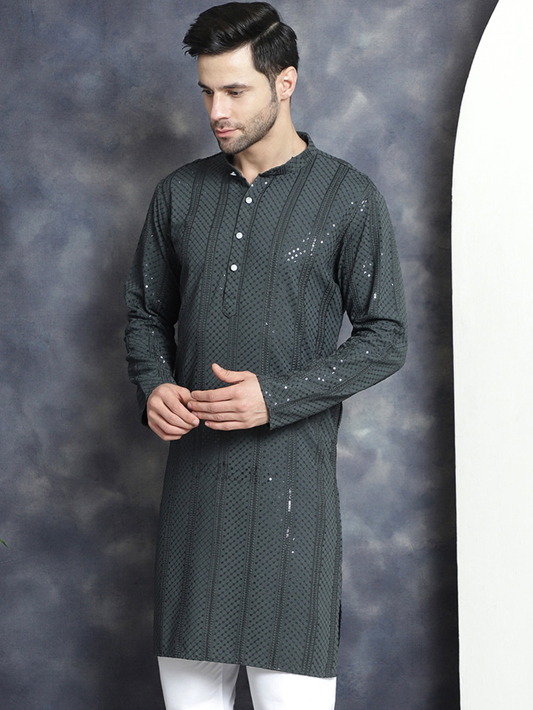 Men's Sequins Chikankari Embroidered Kurtas - Taantav