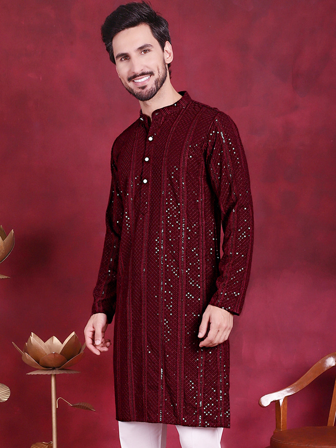 Men's Sequins Chikankari Embroidered Kurtas. - Taantav