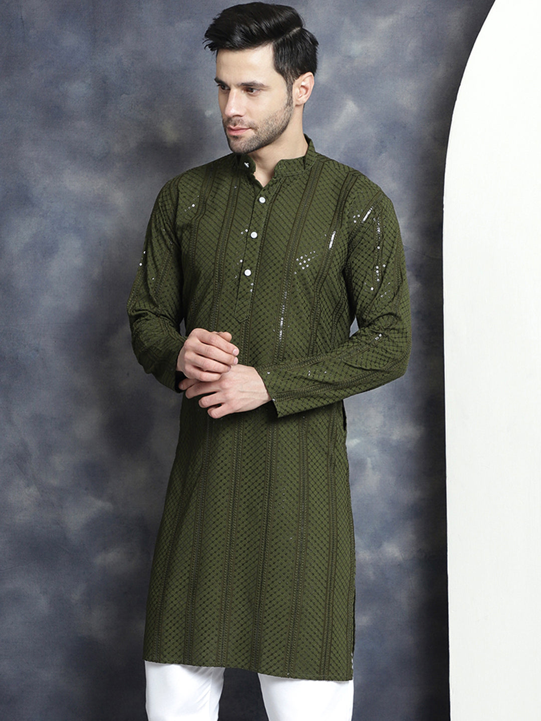 Men's Sequins Chikankari Embroidered Kurtas - Taantav