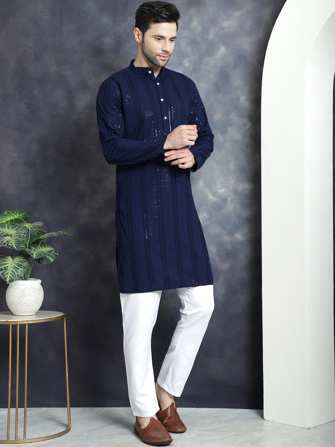 Men's Sequins Chikankari Embroidered Kurtas - Taantav