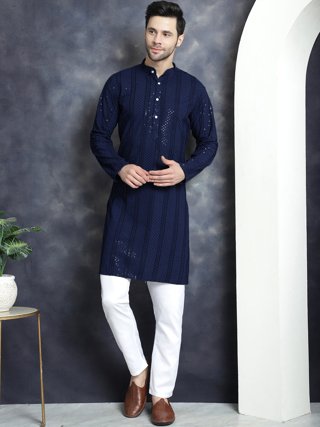 Men's Sequins Chikankari Embroidered Kurtas - Taantav