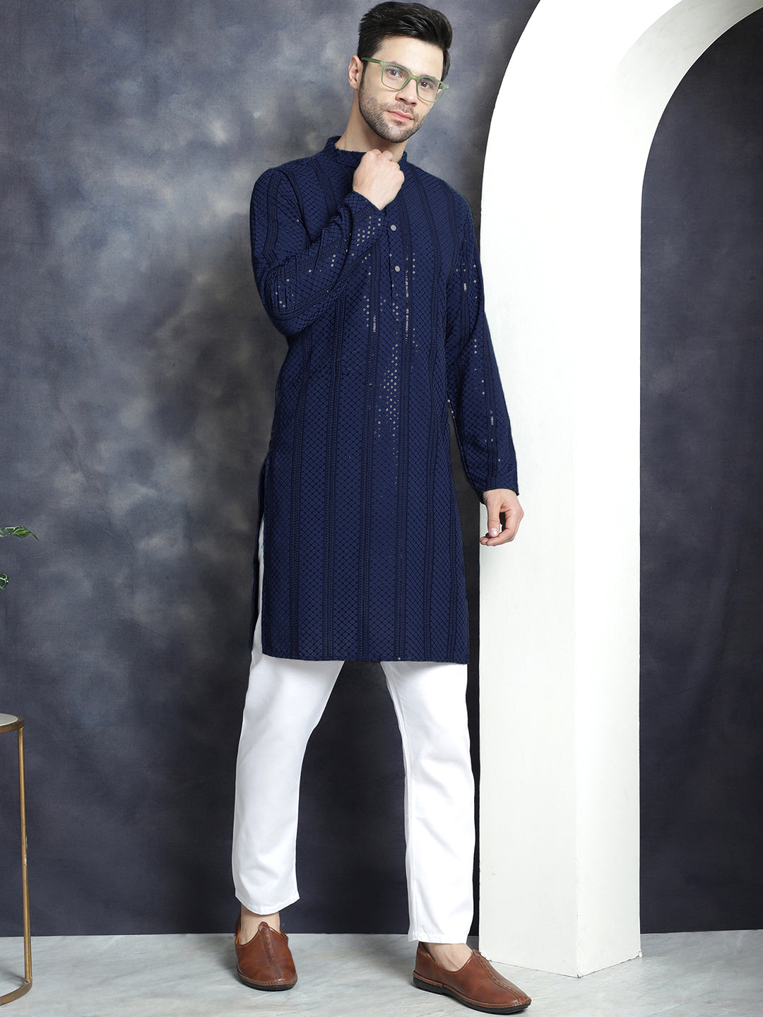 Men's Sequins Chikankari Embroidered Kurtas - Taantav