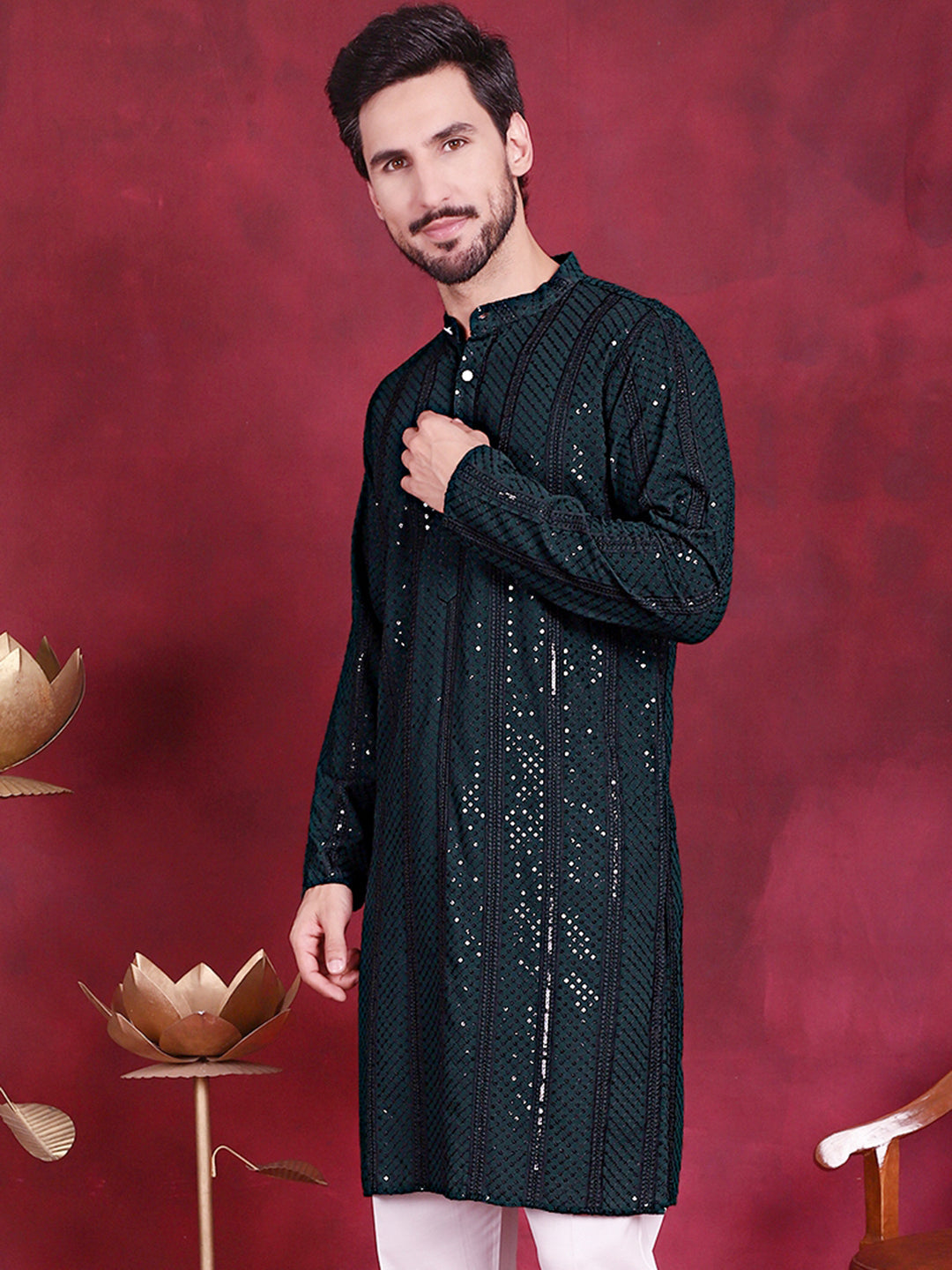 Men's Sequins Chikankari Embroidered Kurtas. - Taantav