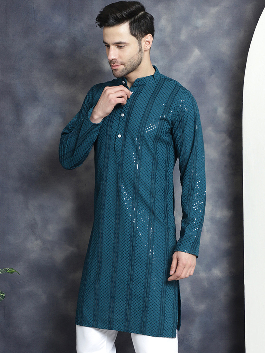 Men's Sequins Chikankari Embroidered Kurtas - Taantav