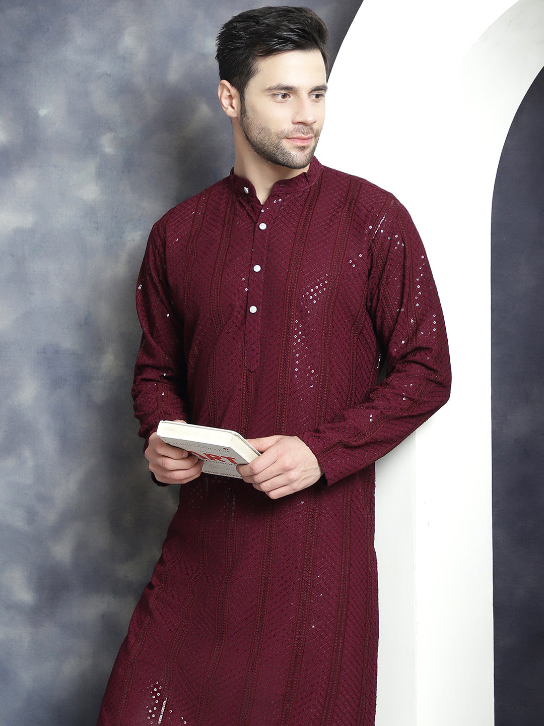 Men's Sequins Chikankari Embroidered Kurtas - Taantav