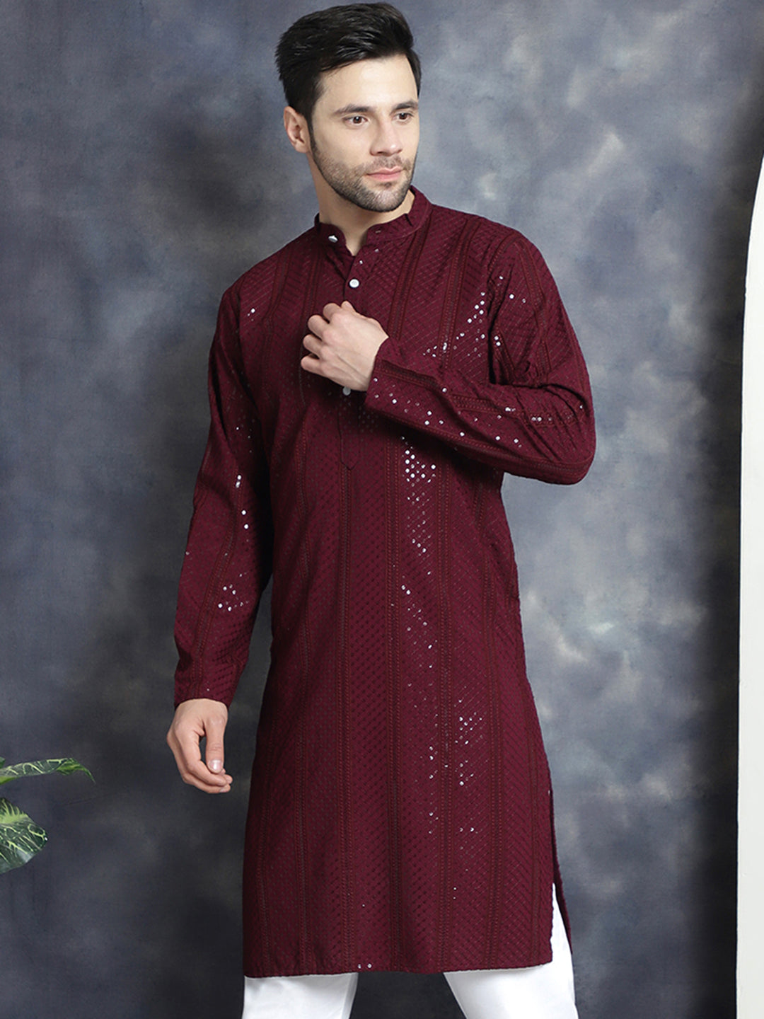 Men's Sequins Chikankari Embroidered Kurtas - Taantav