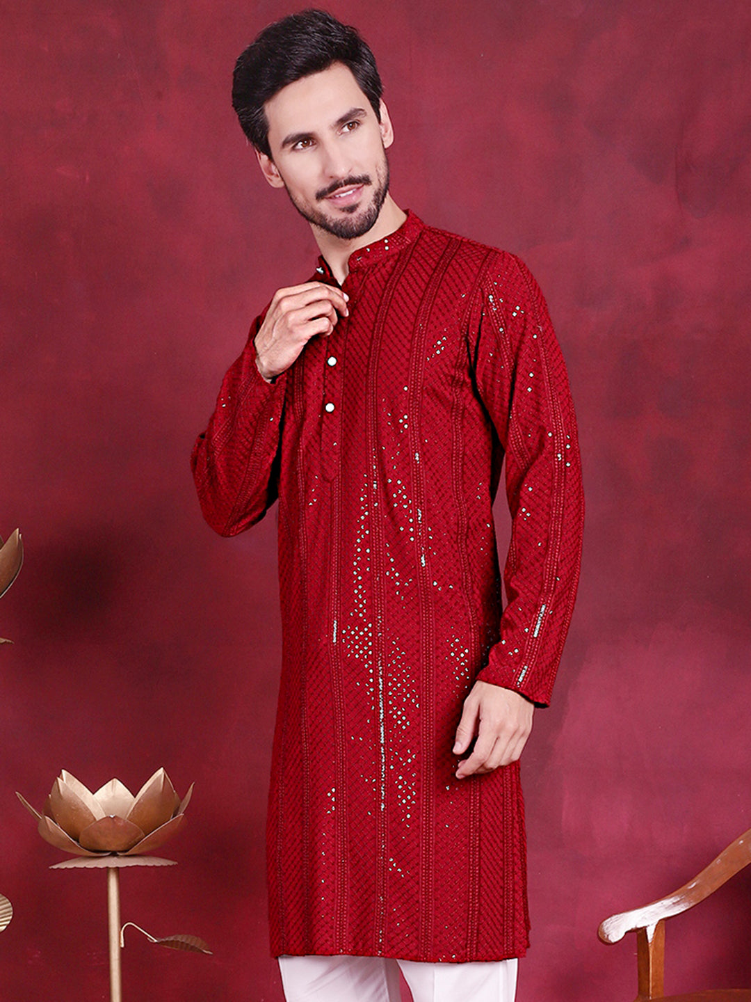 Men's Sequins Chikankari Embroidered Kurtas. - Taantav