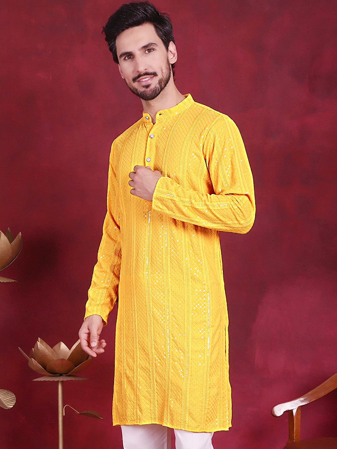 Men's Sequins Chikankari Embroidered Kurtas. - Taantav