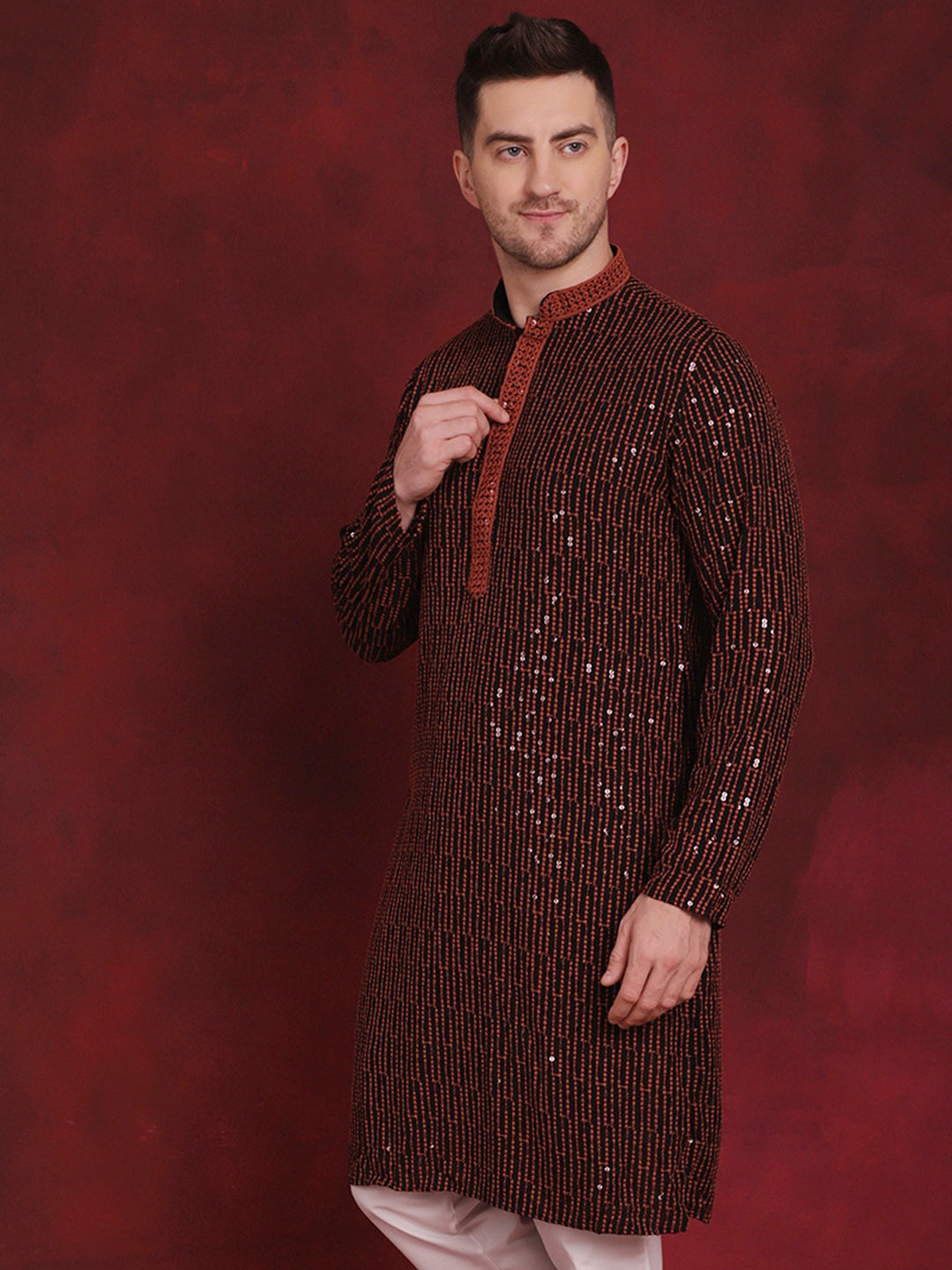 Men's Sequins Chikankari Embroidered Kurtas - Taantav