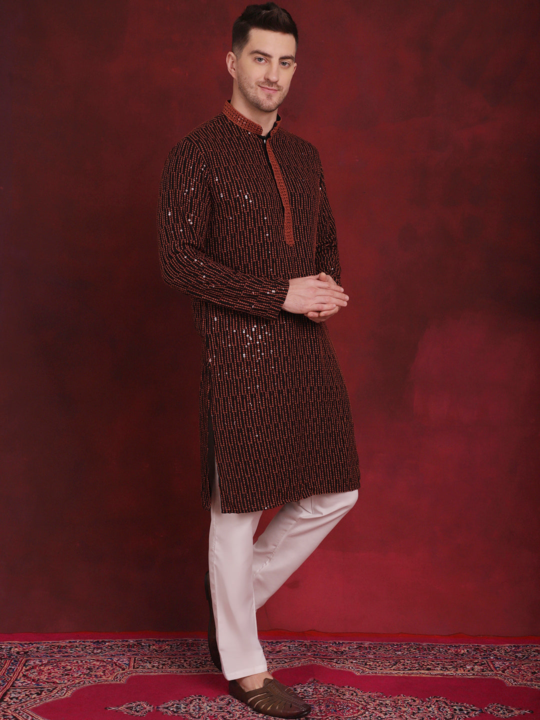 Men's Sequins Chikankari Embroidered Kurtas - Taantav