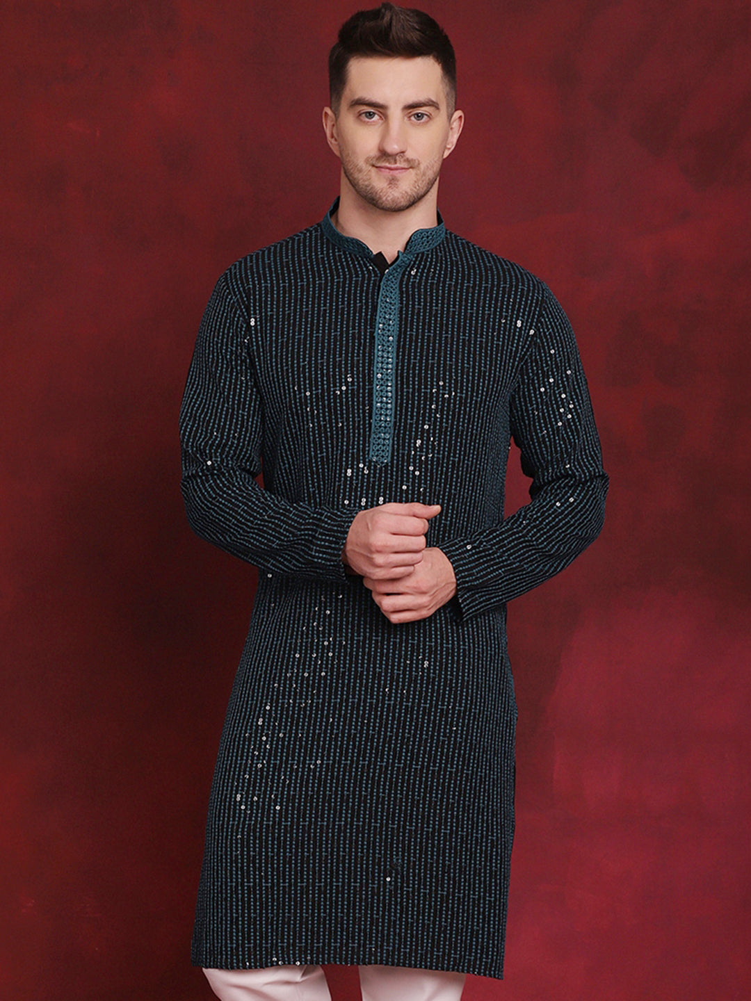 Men's Sequins Chikankari Embroidered Kurtas - Taantav