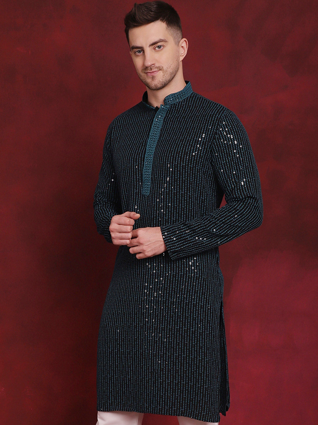 Men's Sequins Chikankari Embroidered Kurtas - Taantav