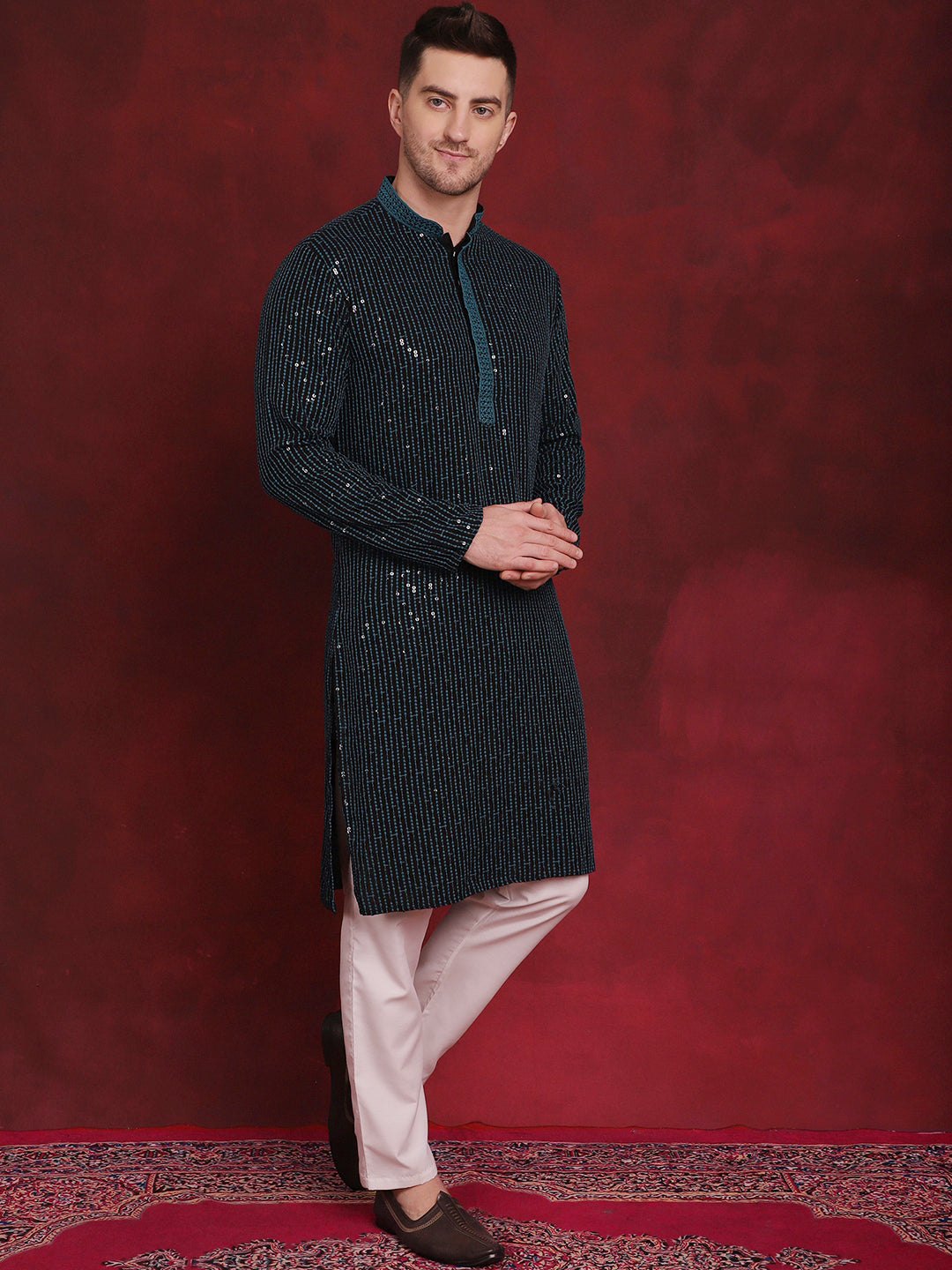 Men's Sequins Chikankari Embroidered Kurtas - Taantav