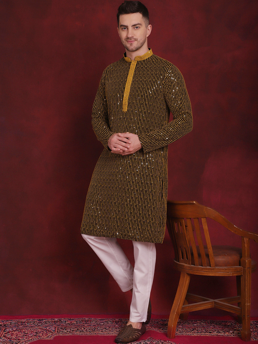 Men's Sequins Chikankari Embroidered Kurtas - Taantav