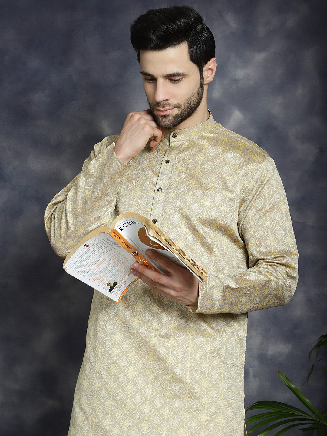 Men's Beige Woven Design Kurtas - Taantav