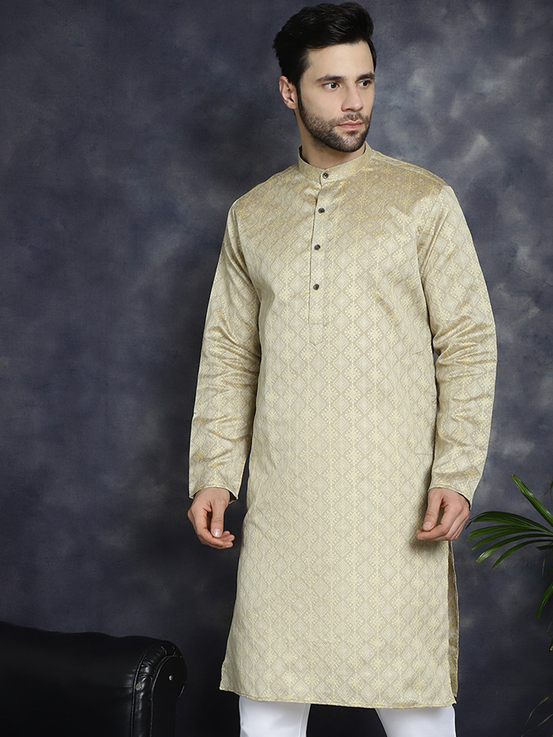 Men's Beige Woven Design Kurtas - Taantav