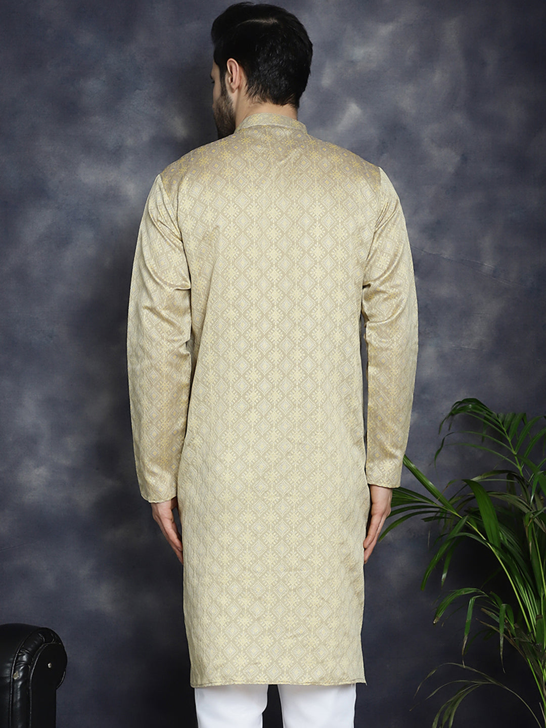 Men's Beige Woven Design Kurtas - Taantav