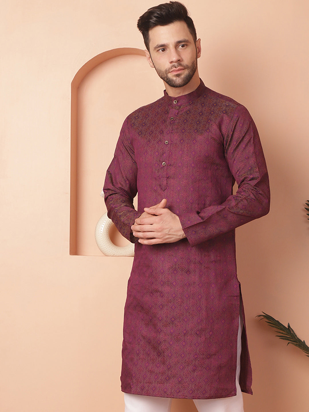 Men's Woven Design Silk Blend Kurtas - Taantav